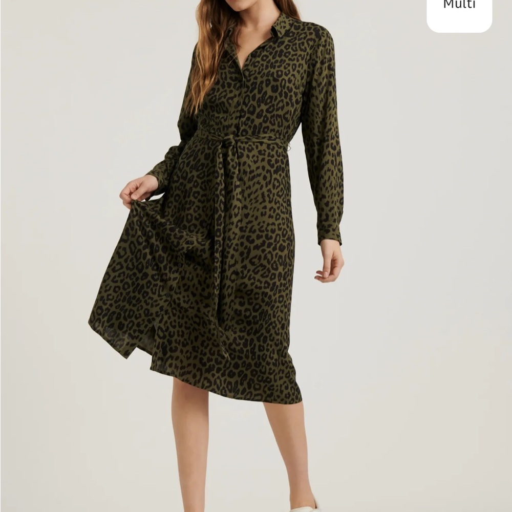 Lucky Brand Olive Leopard Long Sleeve Dress Small